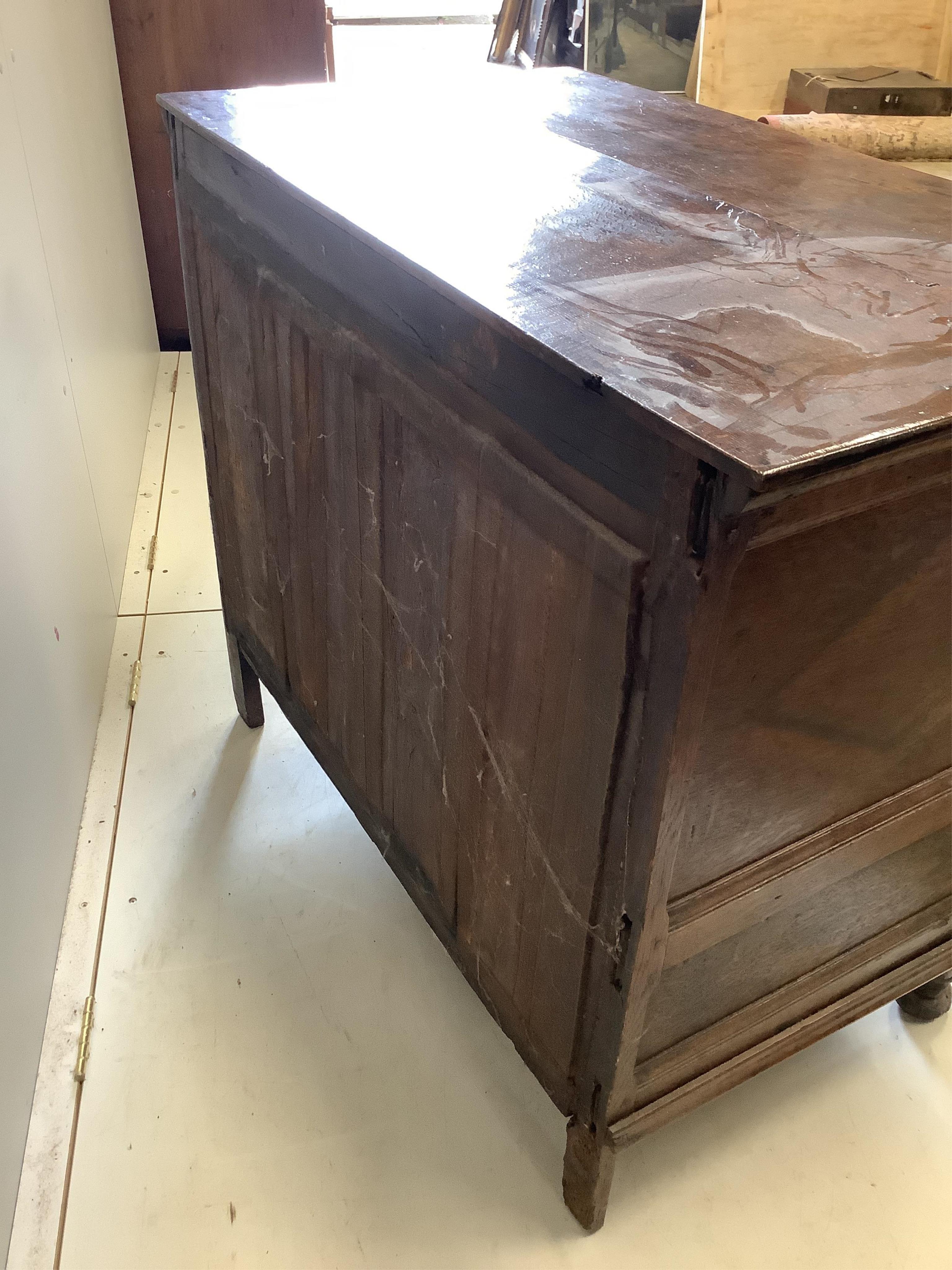 A late 18th century oak chest, fitted with two short and three long drawers, width 102cm, depth 58cm, height 88cm. Condition - fair